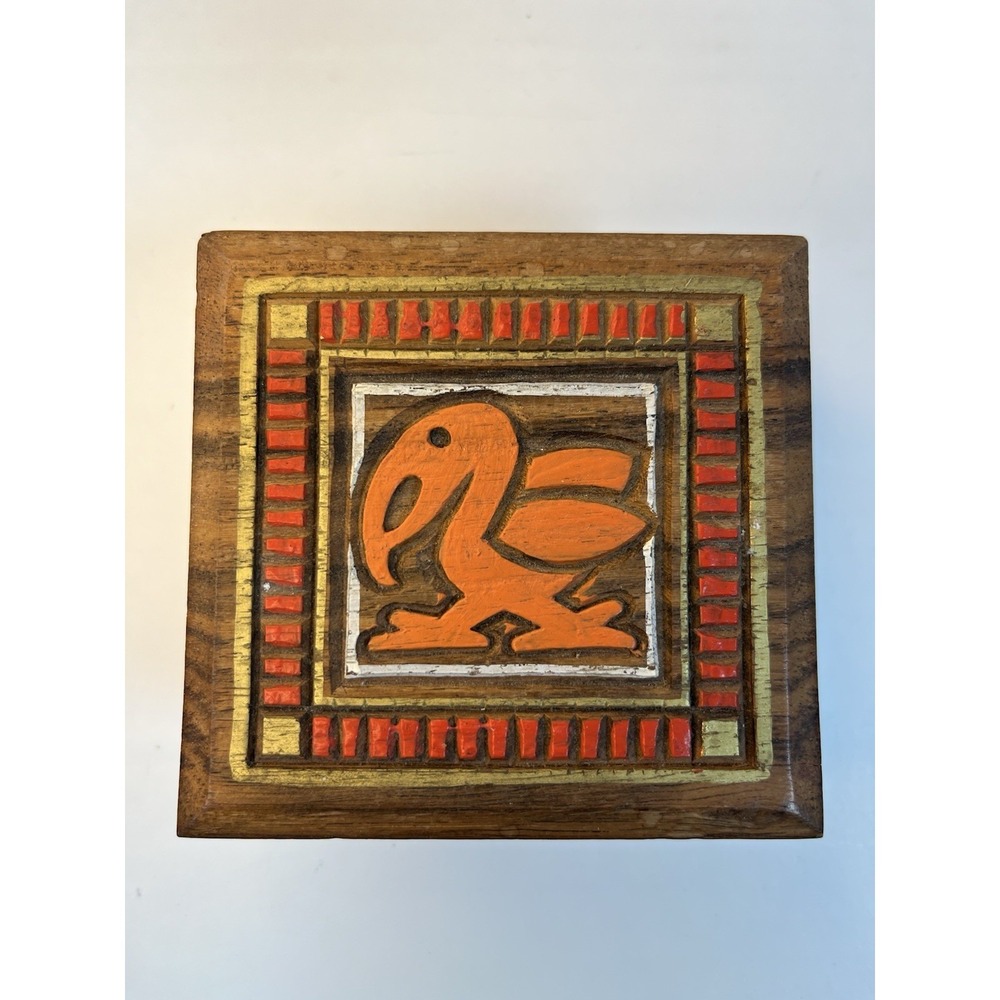 Carved Wooden Box Top Lift Orange Bird Design Hand Crafted Folk Art‎ Decorative